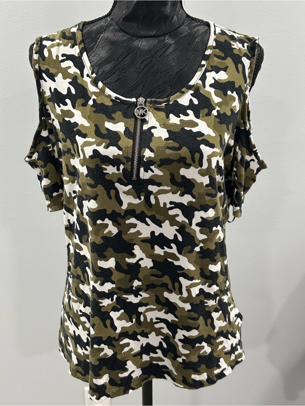 MICHAEL Michael Kors Olive Green Camo Cold-Shoulder Tank with Front Zip